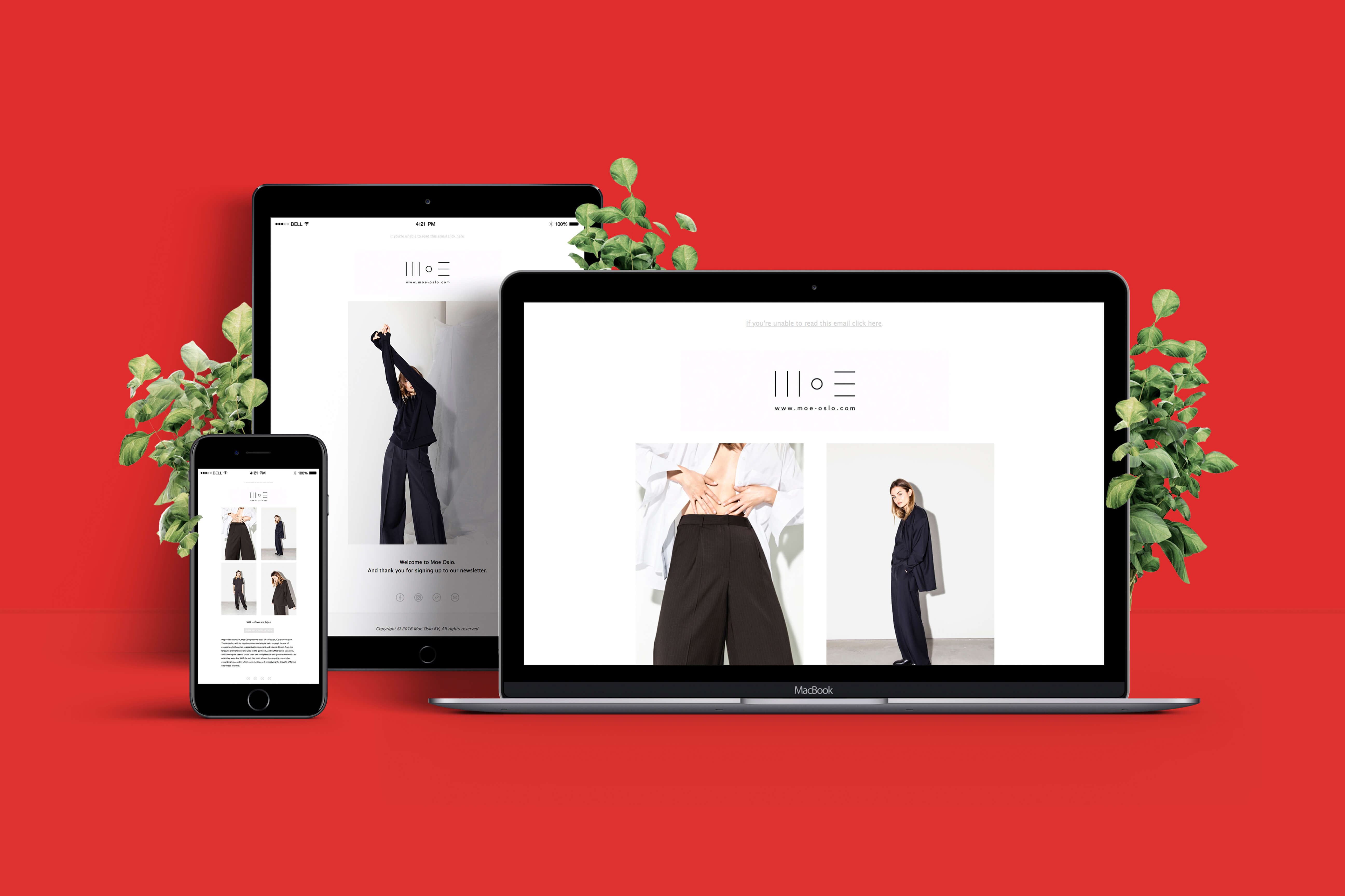 Newsletter template design on mobile, tablet and desktop for fashion label Moe Oslo