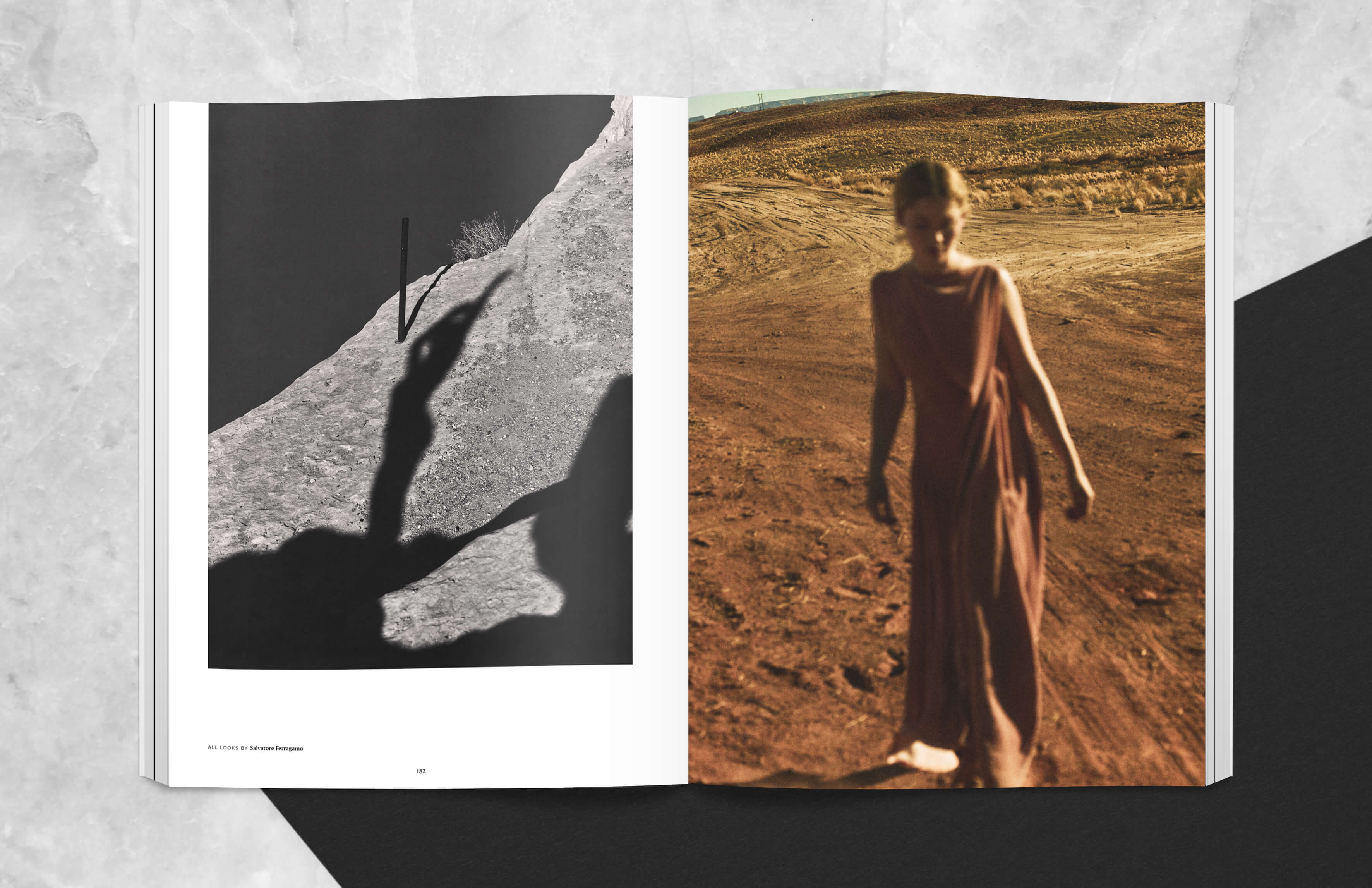 Magazine spread showing actress Virginia Gardner in desert